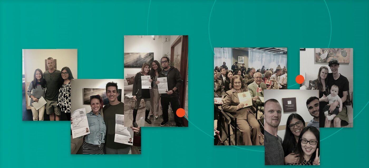 A collage of Perez McKenzie clients celebrating their approvals, holding permanent residency documents, citizenship certificates, and Canadian flags